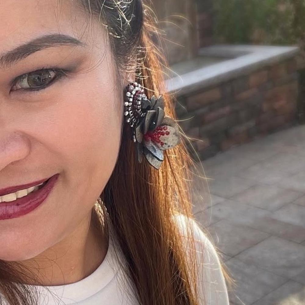 Farah Abu Statement Floral Earrings with Leather Petals and Bead Accents